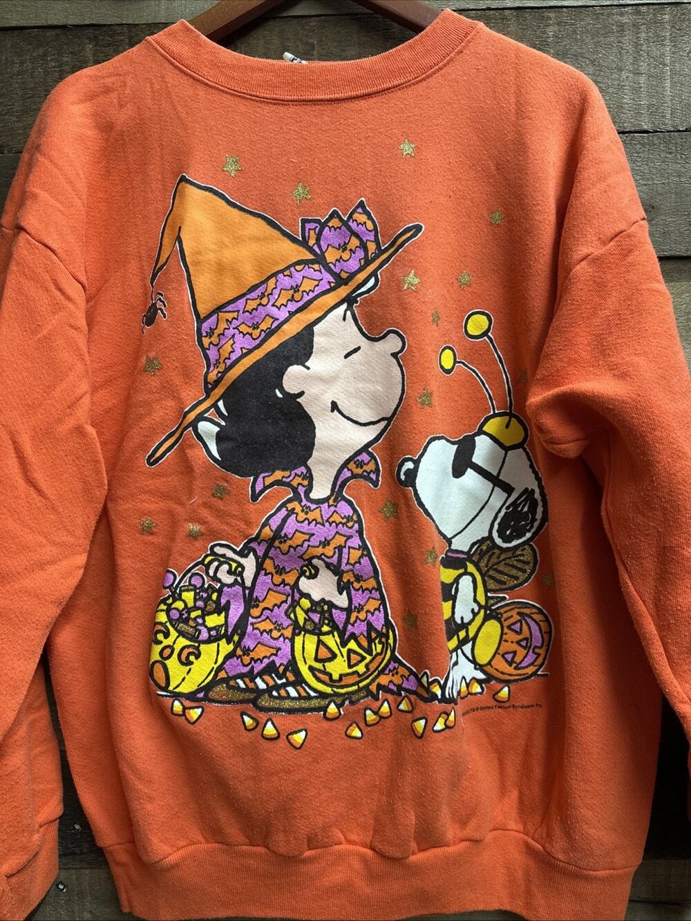 Vintage 90s Peanuts Snoopy Lucy Halloween Orange Sweatshirt XL - Picture 1 of 7